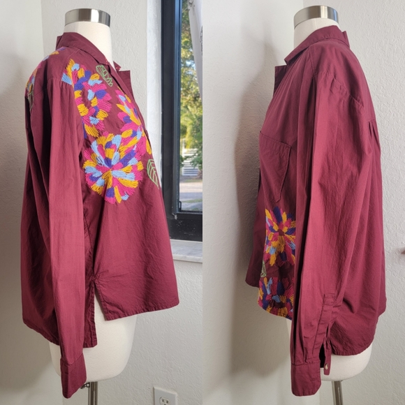 ANTHROPOLOGIE MAEVE Burgundy Embroidered Button Down 4. - Picture 5 of 8
